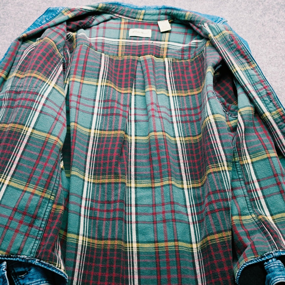 Eddie Bauer Made in USA VTG  Men Blue Denim Flannel Lined Button Down Shirt XL - Picture 2 of 15